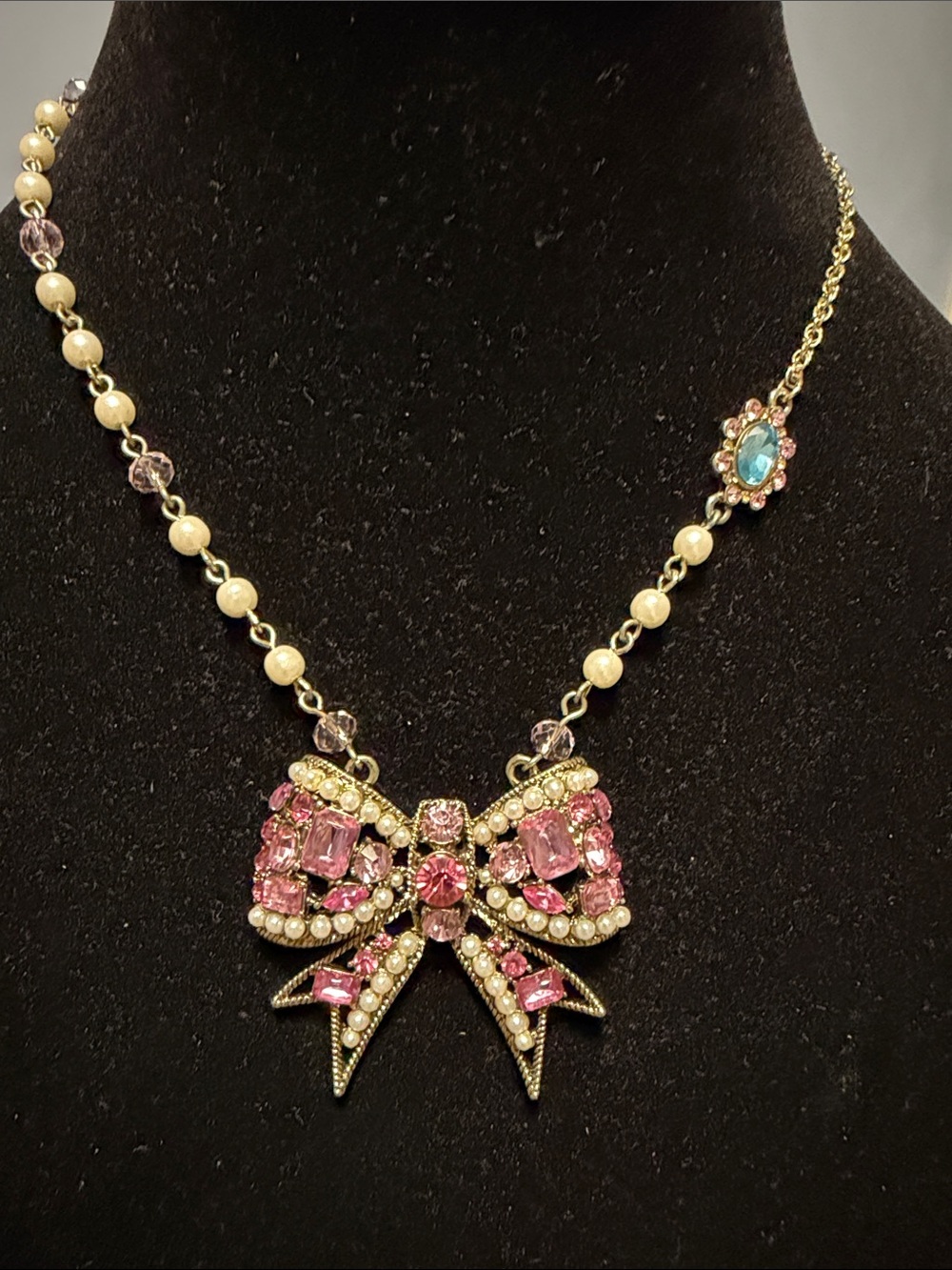 Betsey Johnson Pink Crystal Bow Necklace with Pearls